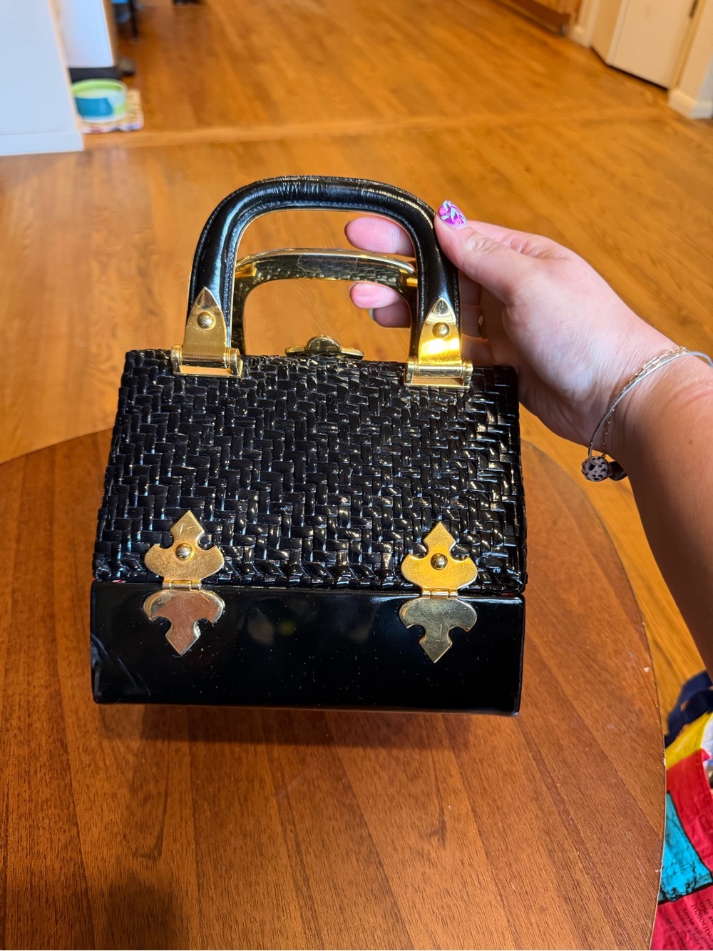 Vintage Rodo Black Woven Patent Top-Handle Handbag with Gold Hardware